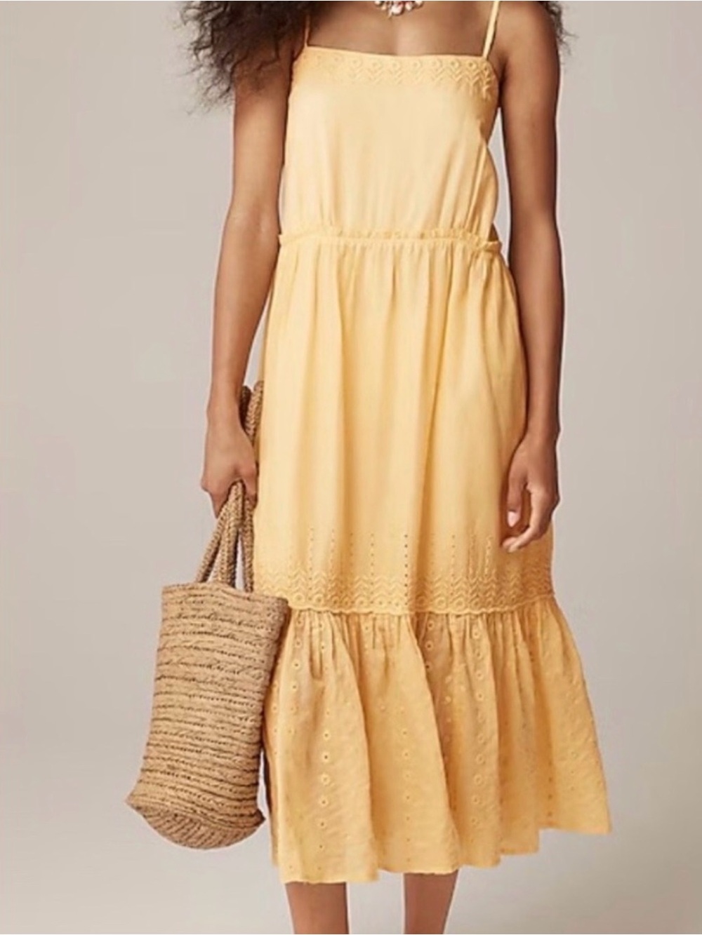 J.  Crew Butter Yellow Flowy Euro Summer Eyelet cotton Midi Dress M